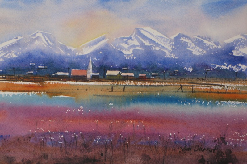landscape, mountains, plains, town, original watercolor painting, oberst